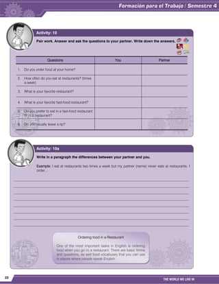 22
THE WORLD WE LIVE IN
Pair work. Answer and ask the questions to your partner. Write down the answers.
Questions You Partner
1. Do you order food at your home?
2. How often do you eat at restaurants? (times
a week)
3. What is your favorite restaurant?
4. What is your favorite fast-food restaurant?
5. Do you prefer to eat in a fast-food restaurant
or in a restaurant?
6. Do you usually leave a tip?
Activity: 10
Write in a paragraph the differences between your partner and you.
Example: I eat at restaurants two times a week but my partner (name) never eats at restaurants. I
order…
__________________________________________________________________________________________________
__________________________________________________________________________________________________
__________________________________________________________________________________________________
__________________________________________________________________________________________________
__________________________________________________________________________________________________
__________________________________________________________________________________________________
__________________________________________________________________________________________________
__________________________________________________________________________________________________
Activity: 10a
Ordering food in a Restaurant
One of the most important tasks in English is ordering
food when you go to a restaurant. There are basic forms
and questions, as well food vocabulary that you can use
in places where people speak English.
 