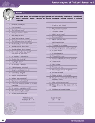 24
THE WORLD WE LIVE IN
Pair work. Read and discuss with your partner the vocabulary relevant to a restaurant.
Match numbers: waiter’s request to guest’s response, guest’s request to waiter’s
response.
1. What can I do for you?
2. Can I help you?
3. Can I take your coat?
4. Have you booked a table?
5. How many are you?
6. Would you follow me, please?
7. Can I take your order, sir/madam?
8. What would you like to start with?
9. What would you like to drink?
10. What would you like for dessert?
11. How would you like your steak?
(rare, medium, well done)
12. Do you want a salad with it?
13. What kind of dressing?
14. Anything to drink?
15. Do you want a dessert?
16. The burgers are very good.
17. Sorry, the hamburgers are off.
18. Is everything all right?
19. Did you enjoy your meal?
20. Are you paying together?
21. May I show you to a table?
22. If you wait, there'll be a table for you free
in a minute.
23. Do you want vegetables with it?
24. Why don't you try the pizza?
25. It'll take about 20 minutes.
Activity: 11
1. A table for two, please.
2. May we sit at this table?
3. The menu, please.
4. What's on the menu?
5. Do you want fish?
6. What's Irish Stew like?
7. We're not ready yet.
8. The steak for me, please.
9. Can you bring me the ketchup, please?
10. A salad, please.
11. I'll have the same.
12. That's all, thank you.
13. Can I have the bill (AE: check), please?
14. This is on me.
15. Here you are.
16. The rest is for you.
17. Have you got wine by the glass?
18. I'd prefer red wine.
19. Please bring us another beer.
20. Could I have chips (AE: French Fries)
instead of salad?
21. What can you recommend?
22. Please bring me the check with my
coffee.
23. I think you've made a mistake
Waiter to Guest Guest to waiter
Example: 7 - 7 21 - 16
____________________ _____________________
____________________ _____________________
____________________ _____________________
____________________ _____________________
 