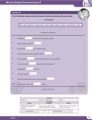 37
BLOCK 1
Evaluation
Activity: 20 Product: Vocabulary task. Value:
Knowledge
Factual Procedural Attitude
Understands how will guests
respond to questions in a
restaurant.
Applies word analysis skills to
recognize restaurant vocabulary.
Shows openness to the feedback
given by the teacher.
Auto-Evaluation
C MC NYC
Obtained Value:
Fill in the blanks, choose words from the box. Check your answers with your teacher.
In a Restauran
Principio del formulario
1. We'll take a of draft with four glasses, please.
2. I think we are all ready to .
3. We read the on our way through.
4. I think we'll get an order of garlic bread to .
5. I like my steak so that there is a little pink in the middle.
6. Do you have any to dip the chicken fingers in?
7. Everything is thank you.
8. I can't eat another .
9. We'll have coffee while we look at the dessert .
10. You can put it all on one , thanks.
Final del formulario
Activity: 20
bill – bite – delicious – medium rare – menu – order – pitcher – sauce – special board - split
 
