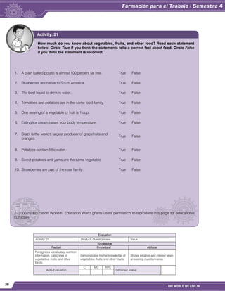 38
THE WORLD WE LIVE IN
Evaluation
Activity: 21 Product: Questionnaire. Value:
Knowledge
Factual Procedural Attitude
Recognizes vocabulary, nutrition
information, categories of
vegetables, fruits, and other
foods.
Demonstrates his/her knowledge of
vegetables, fruits, and other foods.
Shows initiative and interest when
answering questionnaires.
Auto-Evaluation
C MC NYC
Obtained Value:
How much do you know about vegetables, fruits, and other food? Read each statement
below. Circle True if you think the statements tells a correct fact about food. Circle False
if you think the statement is incorrect.
1. A plain baked potato is almost 100 percent fat free. True False
2. Blueberries are native to South America. True False
3. The best liquid to drink is water. True False
4. Tomatoes and potatoes are in the same food family. True False
5. One serving of a vegetable or fruit is 1 cup. True False
6. Eating ice cream raises your body temperature. True False
7. Brazil is the world's largest producer of grapefruits and
oranges.
True False
8. Potatoes contain little water. True False
9. Sweet potatoes and yams are the same vegetable. True False
10. Strawberries are part of the rose family. True False
© 2000 by Education World®. Education World grants users permission to reproduce this page for educational
purposes.
Activity: 21
 