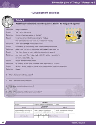42
THE WORLD WE LIVE IN
Development activities
Evaluation
Activity: 2 Product: Reading comprehension. Value:
Knowledge
Factual Procedural Attitude
Identifies adverbs of quantity to
talk about problems in a city.
Read a dialogue to determine
answers to the problems in the city.
Shows initiative when working in
basic exercises.
Auto-Evaluation
C MC NYC
Obtained Value:
Read the conversation and answer the questions. Practice the dialogue with a partner.
Taxi driver: Are you new here?
Tourist: Yes, I am on vacations.
Taxi driver: How long have you waited for the taxi?
Tourist: For a long time, in fact, I was waiting for the bus.
Why is there never a bus when you want one in this city.
Taxi driver: There aren’t enough buses on this route.
Tourist: I’m thinking on complaining in the corresponding department.
Taxi driver: Good idea. You should say that we need more subway lines, too.
Tourist: Yes, there should be more public transportation in general.
Taxi driver: And fewer cars! There’s too much traffic. It’s getting impossible for
us to drive around the city.
Tourist: Stop in the next corner, please.
Taxi driver: By the way, do you know someone at the department of tourism?
Tourist: No, but I am the person in charge of the department of public transportation.
Taxi driver: Uuups!
1. What’s the taxi driver first question?
_________________________________________________________________________________________________
2. What’s the tourist’s first complain?
_________________________________________________________________________________________________
3. What is the tourist thinking on doing?
_________________________________________________________________________________________________
4. What other problems did the taxi driver mention?
_________________________________________________________________________________________________
Activity: 2
 
