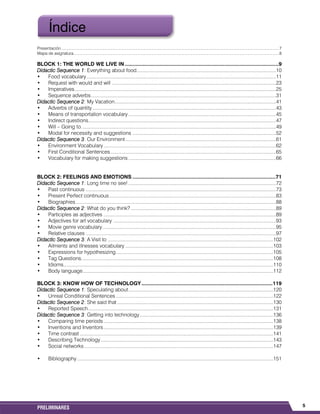 5PRELIMINARES
Presentación.................................................................................................................................................................................................7
Mapa de asignatura......................................................................................................................................................................................8
BLOCK 1: THE WORLD WE LIVE IN ......................................................................................................9
Didactic Sequence 1: Everything about food.....................................................................................................10
• Food vocabulary .........................................................................................................................................11
• Request with would and will .......................................................................................................................23
• Imperatives..................................................................................................................................................25
• Sequence adverbs......................................................................................................................................31
Didactic Sequence 2: My Vacation.....................................................................................................................41
• Adverbs of quantity.....................................................................................................................................43
• Means of transportation vocabulary...........................................................................................................45
• Indirect questions........................................................................................................................................47
• Will – Going to.............................................................................................................................................49
• Modal for necessity and suggestions ........................................................................................................52
Didactic Sequence 3: Our Environment.............................................................................................................61
• Environment Vocabulary.............................................................................................................................62
• First Conditional Sentences........................................................................................................................65
• Vocabulary for making suggestions ...........................................................................................................66
BLOCK 2: FEELINGS AND EMOTIONS ...............................................................................................71
Didactic Sequence 1: Long time no see!...........................................................................................................72
• Past continuous ..........................................................................................................................................73
• Present Perfect continuous.........................................................................................................................83
• Biographies.................................................................................................................................................88
Didactic Sequence 2: What do you think? .........................................................................................................89
• Participles as adjectives .............................................................................................................................89
• Adjectives for art vocabulary ......................................................................................................................93
• Movie genre vocabulary..............................................................................................................................95
• Relative clauses ..........................................................................................................................................97
Didactic Sequence 3: A Visit to ........................................................................................................................102
• Ailments and illnesses vocabulary ...........................................................................................................103
• Expressions for hypothesizing..................................................................................................................105
• Tag Questions...........................................................................................................................................108
• Idioms........................................................................................................................................................110
• Body language..........................................................................................................................................112
BLOCK 3: KNOW HOW OF TECHNOLOGY.......................................................................................119
Didactic Sequence 1: Speculating about.........................................................................................................120
• Unreal Conditional Sentences ..................................................................................................................122
Didactic Sequence 2: She said that .................................................................................................................130
• Reported Speech......................................................................................................................................131
Didactic Sequence 3: Getting into technology.................................................................................................136
• Comparing time periods...........................................................................................................................138
• Inventions and Inventors...........................................................................................................................139
• Time contrast ............................................................................................................................................141
• Describing Technology.............................................................................................................................143
• Social networks.........................................................................................................................................147
• Bibliography ..............................................................................................................................................151
Índice
 
