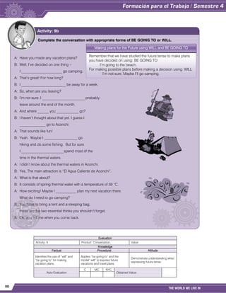 50
THE WORLD WE LIVE IN
Evaluation
Activity: 9 Product: Conversation. Value:
Knowledge
Factual Procedural Attitude
Identifies the use of “will” and
“be going to” for making
vacation plans.
Applies “be going to” and the
modal” will” to express future
vacations and travel plans.
Demonstrate understanding when
expressing future tense.
Auto-Evaluation
C MC NYC
Obtained Value:
Complete the conversation with appropriate forms of BE GOING TO or WILL.
A: Have you made any vacation plans?
B: Well, I’ve decided on one thing –
I ______________________ go camping.
A: That’s great! For how long?
B: I ________________________ be away for a week.
A: So, when are you leaving?
B: I’m not sure. I _______________________ probably
leave around the end of the month.
A: And where ______ you ____________ go?
B: I haven’t thought about that yet. I guess I
______________ go to Aconchi.
A: That sounds like fun!
B: Yeah. Maybe I __________________ go
hiking and do some fishing. But for sure
I _______________________spend most of the
time in the thermal waters.
A: I didn’t know about the thermal waters in Aconchi.
B: Yes, The main attraction is “El Agua Caliente de Aconchi”.
A: What is that about?
B: It consists of spring thermal water with a temperature of 59 °C.
A: How exciting! Maybe I ___________ plan my next vacation there.
What do I need to go camping?
B: You have to bring a tent and a sleeping bag,
these are the two essential thinks you shouldn’t forget.
A: Ok, you tell me when you come back.
Activity: 9b
Remember that we have studied the future tense to make plans
you have decided on using: BE GOING TO
I’m going to the beach.
For making possible plans before making a decision using: WILL
I’m not sure. Maybe I’ll go camping.
Making plans for the Future using WILL and BE GOING TO
 
