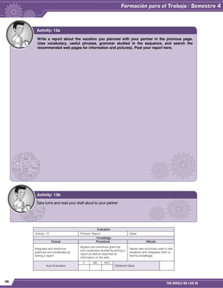56
THE WORLD WE LIVE IN
Evaluation
Activity: 13 Product: Report. Value:
Knowledge
Factual Procedural Attitude
Integrates and reinforces
grammar and vocabulary by
writing a report.
Applies and reinforces grammar
and vocabulary studied by writing a
report as well as searches for
information on the web.
Values new structures used in real
situations and integrates them to
her/his knowledge.
Auto-Evaluation
C MC NYC
Obtained Value:
Write a report about the vacation you planned with your partner in the previous page.
(Use vocabulary, useful phrases, grammar studied in the sequence, and search the
recommended web pages for information and pictures). Post your report here.
Activity: 13a
Take turns and read your draft aloud to your partner
Activity: 13b
 