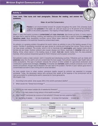 63
BLOCK 1
Evaluation
Activity: 3 Product: Reading comprehension. Value:
Knowledge
Factual Procedural Attitude
Classifies and selects
information about environmental
problems.
Reads information about
environmental problems to answer
questions.
Appreciates interesting acquired
information about environmental
problems.
Auto-Evaluation
C MC NYC
Obtained Value:
Team work. Take turns and read paragraphs. Discuss the reading, and answer the
questions.
Water, Air and Soil Contamination
Pollution is an environmental concern for people throughout the world. One university study
suggests that pollutants in the water, air, and soil cause up to 40 percent of the premature
deaths in the world's population. The majority of these deaths occur in developing countries.
Water in many third world countries is contaminated with toxic chemicals, also known as toxins. In many regions
the water that is used for drinking, cooking, and washing is the same water that is used for dumping sewage and
hazardous waste. Most developing countries cannot afford water treatment facilities. Approximately 80% of
infectious diseases in the world are caused by contaminated water.
Air pollution is a growing problem throughout the world. Indoor air pollution is one of the leading causes of lung
cancer. Families in developing countries use open stoves for cooking and heating their homes. These homes do
not have proper ventilation. The smoke, which is full of chemicals and carcinogens, gets trapped inside where
families eat and sleep. Outdoor pollution also causes disease and illness, especially in industrial cities such as
Beijing, China, where cancer is the leading cause of death. Acid rain, results mainly from the coal powered
factories, which produce inexpensive goods for North American and European consumers.
Soil pollution is also a major concern, both in industrial and developing countries. Pollutants such as metals and
pesticides seep into the earth's soil and contaminate the food supply. Soil pollution causes major health risks to
entire ecosystems. This type of pollution reduces the amount of land suitable for agricultural production and
contributes to global food shortages. Dumping of industrial and domestic waste products produces much of the
world's soil pollution, though natural disasters can also add to the problem. Farmers in poor nations grow food in
contaminated soil both to earn a living and to avoid starvation.
As more people move to urban centers, premature deaths caused by pollution are expected to increase
worldwide. Today, the developed nations who achieved their wealth at the expense of the environment will be
held accountable for protecting the earth's resources for future generations.
ESL English Club
1. According to the article, what causes 40% of the world's premature deaths? _____________________________
2. What causes the “Global food shortage”? __________________________________________________________
_________________________________________________________________________________________________
3. What is the main reason people die of waterborne illnesses? __________________________________________
4. Which is the main cause of lung cancer in third world countries? ______________________________________
5. Which is NOT mentioned as a source of soil pollution? Choose two and underline them.
a) Dumping of wastes b) Use of pesticides c) smoke from factories d) acid rain
Activity: 3
 