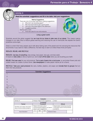 66
THE WORLD WE LIVE IN
Evaluation
Activity: 6 Product: Report and suggestions. Value:
Knowledge
Factual Procedural Attitude
Identifies and reads information
about environmental problems.
Reads information about
environmental problems and learns
ways to give suggestions.
Appreciates interesting acquired
information about environmental
problems.
Auto-Evaluation
C MC NYC
Obtained Value:
Read the scientists’ suggestions and fill in the table. Add your suggestions.
Living a green world
Scientists around the globe suggest that we must do our share to take care of our planet. This means making
changes to our daily lives to reduce global warming and reducing the use of chemicals that deplete the Earth's
protective ozone layer.
Green is a term that many people use to talk about taking care of the planet and not overusing the resources that
we all share. If you want to make a difference, the best way to start is to follow these three principles:
REDUCE, REUSE, AND RECYCLE
REDUCE. Use less of everything: less energy, less paper, less gas, and less water.
It means to ride a bike or drive a hybrid car, and to turn off the water when you are brushing your teeth.
REUSE. Find new uses for your old products. Turn a pair of jeans into a cool purse, or use broken flower pots and
create mosaic for a table or photo frame. Use newspapers to make papier mache art for a friend.
RECYCLE. Take your used products like cans, bottles, plastics, and paper and donate them to groups that turn
them into new products.
Scientists’ Suggestions
1.
2.
3.
4.
5.
6.
7.
8.
Activity: 6
Making Suggestions
There are a lot of formulas used when making suggestions:
 Why don’t we recycling paper?
 We must work hard to get a good grade.
 Let’s go to the travel Agent’s this afternoon.
 I suggest you/that…
Starting with a verb:
 Find new uses for your old products.
 