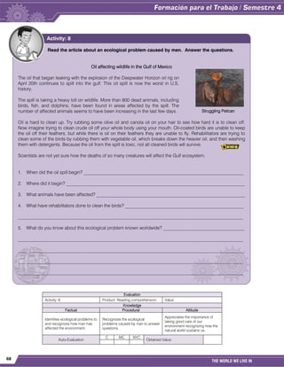 68
THE WORLD WE LIVE IN
Evaluation
Activity: 8 Product: Reading comprehension. Value:
Knowledge
Factual Procedural Attitude
Identifies ecological problems to
and recognizes how man has
affected the environment.
Recognizes the ecological
problems caused by man to answer
questions.
Appreciates the importance of
taking good care of our
environment recognizing how the
natural world sustains us.
Auto-Evaluation
C MC NYC
Obtained Value:
Read the article about an ecological problem caused by men. Answer the questions.
Oil affecting wildlife in the Gulf of Mexico
The oil that began leaking with the explosion of the Deepwater Horizon oil rig on
April 20th continues to spill into the gulf. This oil spill is now the worst in U.S.
history.
The spill is taking a heavy toll on wildlife. More than 800 dead animals, including
birds, fish, and dolphins, have been found in areas affected by the spill. The
number of affected animals seems to have been increasing in the last few days.
Oil is hard to clean up. Try rubbing some olive oil and canola oil on your hair to see how hard it is to clean off.
Now imagine trying to clean crude oil off your whole body using your mouth. Oil-coated birds are unable to keep
the oil off their feathers, but while there is oil on their feathers they are unable to fly. Rehabilitators are trying to
clean some of the birds by rubbing them with vegetable oil, which breaks down the heavier oil, and then washing
them with detergents. Because the oil from the spill is toxic, not all cleaned birds will survive.
Scientists are not yet sure how the deaths of so many creatures will affect the Gulf ecosystem.
1. When did the oil spill begin? _____________________________________________________________________
2. Where did it begin? _____________________________________________________________________________
3. What animals have been affected? ________________________________________________________________
4. What have rehabilitators done to clean the birds? ___________________________________________________
_________________________________________________________________________________________________
5. What do you know about this ecological problem known worldwide? ___________________________________
_________________________________________________________________________________________________
_________________________________________________________________________________________________
_________________________________________________________________________________________________
_________________________________________________________________________________________________
Activity: 8
Struggling Pelican
 