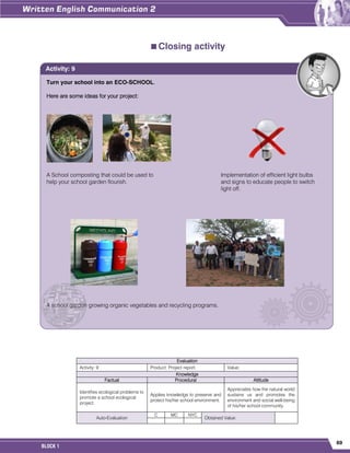 69
BLOCK 1
Closing activity
Evaluation
Activity: 9 Product: Project report. Value:
Knowledge
Factual Procedural Attitude
Identifies ecological problems to
promote a school ecological
project.
Applies knowledge to preserve and
protect his/her school environment.
Appreciates how the natural world
sustains us and promotes the
environment and social well-being
of his/her school community.
Auto-Evaluation
C MC NYC
Obtained Value:
Turn your school into an ECO-SCHOOL.
Here are some ideas for your project:
A School composting that could be used to Implementation of efficient light bulbs
help your school garden flourish. and signs to educate people to switch
light off.
A school garden growing organic vegetables and recycling programs.
Activity: 9
 