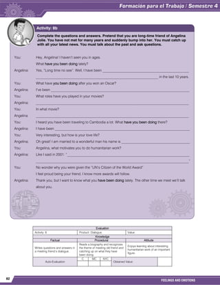 82
FEELINGS AND EMOTIONS
Evaluation
Activity: 8 Product: Dialogue. Value:
Knowledge
Factual Procedural Attitude
Writes questions and answers in
a meeting friend’s dialogue.
Reads a biography and recognizes
the theme of meeting old friend and
catching up on what they have
been doing.
Enjoys learning about interesting
humanitarian work of an important
figure.
Auto-Evaluation
C MC NYC
Obtained Value:
Complete the questions and answers. Pretend that you are long-time friend of Angelina
Jolie. You have not met for many years and suddenly bump into her. You must catch up
with all your latest news. You must talk about the past and ask questions.
You: Hey, Angelina! I haven’t seen you in ages.
What have you been doing lately?
Angelina: Yes, “Long time no see”. Well, I have been ________________________________________________
____________________________________________________________________ in the last 10 years.
You: What have you been doing after you won an Oscar?
Angelina: I’ve been _____________________________________________________________________________
You: What roles have you played in your movies?
Angelina: _____________________________________________________________________________________
You: In what movie?
Angelina _____________________________________________________________________________________
You: I heard you have been traveling to Cambodia a lot. What have you been doing there?
Angelina: I have been ___________________________________________________________________________
You: Very interesting, but how is your love life?
Angelina: Oh great! I am married to a wonderful man his name is ______________________________________
You: Angelina, what motivates you to do humanitarian work?
Angelina: Like I said in 2001: “____________________________________________________________________
_____________________________________________________________________________________”
You: No wonder why you were given the “UN’s Citizen of the World Award”
I feel proud being your friend. I know more awards will follow.
Angelina: Thank you, but I want to know what you have been doing lately. The other time we meet we’ll talk
about you.
Activity: 8b
 