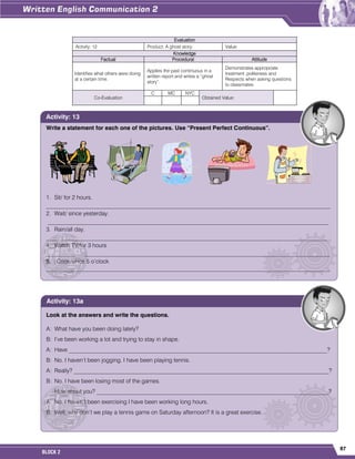 87
BLOCK 2
Evaluation
Activity: 12 Product: A ghost story. Value:
Knowledge
Factual Procedural Attitude
Identifies what others were doing
at a certain time.
Applies the past continuous in a
written report and writes a “ghost
story”.
Demonstrates appropriate
treatment ,politeness and
Respects when asking questions
to classmates.
Co-Evaluation
C MC NYC
Obtained Value:
Write a statement for each one of the pictures. Use “Present Perfect Continuous”.
1. Sit/ for 2 hours.
__________________________________________________________________________________________________
2. Wait/ since yesterday.
_________________________________________________________________________________________________
3. Rain/all day.
_________________________________________________________________________________________________
4. Watch TV/for 3 hours
__________________________________________________________________________________________________
5. Cook/since 5 o’clock
__________________________________________________________________________________________________
Activity: 13
Look at the answers and write the questions.
A: What have you been doing lately?
B: I’ve been working a lot and trying to stay in shape.
A: Have _________________________________________________________________________________________?
B: No. I haven’t been jogging. I have been playing tennis.
A: Really? ________________________________________________________________________________________?
B: No. I have been losing most of the games.
How about you? ________________________________________________________________________________?
A: No. I haven’t been exercising I have been working long hours.
B: Well, why don’t we play a tennis game on Saturday afternoon? It is a great exercise.
Activity: 13a
 