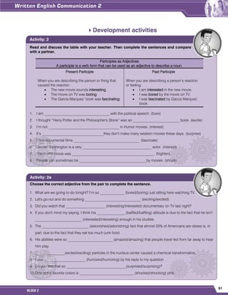 91
BLOCK 2
Development activities
Read and discuss the table with your teacher. Then complete the sentences and compare
with a partner.
Participles as Adjectives
A participle is a verb form that can be used as an adjective to describe a noun.
Present Participle
When you are describing the person or thing that
caused the reaction.
 The new movie sounds interesting.
 The movie on TV was boring.
 The Garcia Marquez’ book was fascinating.
Past Participle
When you are describing a person’s reaction
or feeling.
 I am interested in the new movie.
 I was bored by the movie on TV.
 I was fascinated by Garcia Marquez’
book.
1. I am ___________________________________ with the political speech. (bore)
2. I thought “Harry Potter and the Philosopher's Stone” was an _________________________ book. (excite)
3. I’m not ______________________________________ in Humor movies. (interest)
4. It’s _________________________________they don’t make many western movies these days. (surprise)
5. I find documental films ___________________________________ (fascinate)
6. Denzel Washington is a very _____________________________________ actor. (interest)
7. The horror movie was ____________________________________________. (frighten)
8. People can sometimes be ____________________________________by movies. (shock)
Activity: 2
Choose the correct adjective from the pair to complete the sentence.
1. What are we going to do tonight? I’m so _____________ (bored/boring) just sitting here watching TV.
2. Let's go out and do something ______________________________ (exciting/excited)
3. Did you watch that _____________________ (interesting/interested) documentary on TV last night?
4. If you don't mind my saying. I think his _______________ (baffled/baffling) attitude is due to the fact that he isn’t
_________________________ (interested/interesting) enough in his studies.
5. The _________________________ (astonished/astonishing) fact that almost 20% of Americans are obese is, in
part, due to the fact that they eat too much junk food.
6. His abilities were so ________________________ (amazed/amazing) that people travel led from far away to hear
him play.
7. ________________excited/exciting) particles in the nucleus center caused a chemical transformation.
8. I was ______________________ (humored/humoring) by his reply to my question.
9. Do you find that so ________________________________(surprised/surprising)?
10.One of his favorite colors is _____________________________ (shocked/shocking) pink.
Activity: 2a
 