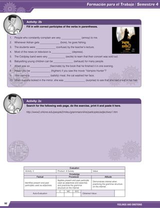 92
FEELINGS AND EMOTIONS
Evaluation
Activity: 2 Product: A Survey. Value:
Knowledge
Factual Procedural Attitude
Identifies present and past
participles used as adjectives.
Applies present and past participle
used as adjectives and searches
and practices the grammar
structure on the internet
Demonstrate interest when
practicing the grammar structure
on the internet.
Auto-Evaluation
C MC NYC
Obtained Value:
Fill in with correct participles of the verbs in parentheses.
1. People who constantly complain are very _______________ (annoy) to me.
2. Whenever Adrian gets _______________ (bore), he goes fishing.
3. The students were _______________ (confuse) by the teacher’s lecture.
4. Most of the news on television is _______________ (depress).
5. The Coldplay band were very _____________ (excite) to learn that their concert was sold out.
6. Babysitting young children can be _______________ (exhaust) for many people.
7. Albert was so _______________(fascinate) by the book that he finished it in one evening.
8. Would you be _______________ (frighten) if you saw the movie “Vampire Hunter”?
9. After eating a _______________ (satisfy) meal, the cat washed her face.
10. When Isabella looked in the mirror, she was ________________ (surprise) to see that she had a leaf in her hair.
Activity: 2b
Search for the following web page, do the exercise, print it and paste it here.
http://www2.ohlone.edu/people2/mlieu/grammaronline/participles/adjectives1.htm
Activity: 2c
 
