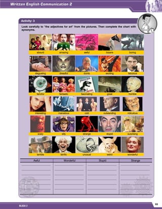 93
BLOCK 2
Look carefully to “the adjectives for art” from the pictures. Then complete the chart with
synonyms.
absurd amazing awful bizarre boring
disgusting dreadful dumb exciting fabulous
fanciful fantastic fascinating great horrible
interesting marvelous odd outstanding ridiculous
scary silly strange stupid surprising
terrible terrific unusual weird wonderful
Awful Wonderful Stupid Strange
______________________
______________________
______________________
______________________
______________________
______________________
______________________
______________________
______________________
______________________
______________________
______________________
______________________
______________________
______________________
______________________
______________________
______________________
______________________
______________________
______________________
______________________
______________________
______________________
Activity: 3
 