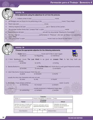 94
FEELINGS AND EMOTIONS
Evaluation
Activity: 3 Product: Recognition of adjectives. Value:
Knowledge
Factual Procedural Attitude
Identifies the topic of movies and
the use of the present and past
participles used as adjectives
Practices participles used as
adjectives describing movies.
Integrates new grammar
structures and vocabulary to
his/her knowledge.
Auto-Evaluation
C MC NYC
Obtained Value:
Write statements using the adjectives for art from the pictures.
1. Indiana Jones is a/an ______________________________ movie.
2. Jeff Bridges won an Oscar for his performing in the __________________________movie “Crazy Heart”.
3. Titanic was a/an _________________________________movie.
4. Anthony Hopkins did a/an __________________________ job in “Silence of the Lambs”.
5. My younger brother thinks that “Jurassic Park” is a/an ___________________________ movie.
6. Michael Moore did a/an ________________________ job with his documental “Bowling for Columbine”.
7. Mo’nique had an _________________________performance in “Precious”, she won an Oscar in a supporting
role in 2010.
8. “The Hurt Locker” is a/an _____________________________ movie it won an Oscar for best movie.
Activity: 3a
Choose the appropriate adjective for the following statements.
1. Avatar was a ___________________ movie and I’d like to see it again.
a) absurd b) disgusting c) marvelous
2. I think Spielberg's movie The Lost World is as good as Jurassic Park. In fact they both are
______________movies.
a) terrible b) terrific c) boring
3. Sandra Bullock is ______________________ in The Blind Side and I think she is a very good Hollywood actress.
a) horrible b) ridiculous c) wonderful
4. I don’t like horror movies because I think they are ___________________________,
a) great b) fantastic c) dumb
usually the story has characters who are not very _______________________________________.
a) scary b) silly c) stupid
5. Personally, I have always preferred _____________________________________ book to some
a) interesting b) unusual c) bizarre
of those __________________________ movies produced in Hollywood these days.
a) outstanding b) fantastic c) terrible
Activity: 3b
 