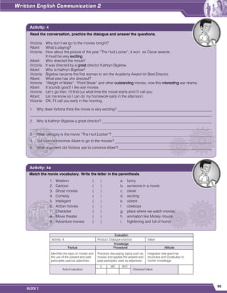 95
BLOCK 2
Evaluation
Activity: 4 Product: Dialogue practice. Value:
Knowledge
Factual Procedural Attitude
Identifies the topic of movies and
the use of the present and past
participles used as adjectives.
Practices discussing topics such as
movies and applies the present and
past participles used as adjectives.
Integrates new grammar
structures and vocabulary to
his/her knowledge.
Auto-Evaluation
C MC NYC
Obtained Value:
Read the conversation, practice the dialogue and answer the questions.
Victoria: Why don’t we go to the movies tonight?
Albert: What’s playing?
Victoria: How about the picture of the year “The Hurt Locker”, it won six Oscar awards.
It must be very exciting.
Albert: Who directed the movie?
Victoria: It was directed by a great director Kathryn Bigelow.
Albert: Who is Kathryn Bigelow?
Victoria: Bigelow became the first woman to win the Academy Award for Best Director.
Albert: What else has she directed?
Victoria: “Weight of Water”, “Point Break” and other outstanding movies, now this interesting war drama.
Albert: It sounds good! I like war movies.
Victoria: Let’s go then. I’ll find out what time the movie starts and I’ll call you.
Albert: Let me know so I can do my homework early in the afternoon.
Victoria: OK, I’ll call you early in the morning.
1. Why does Victoria think the movie is very exciting? ___________________________________________________
__________________________________________________________________________________________________
2. Why is Kathryn Bigelow a great director? ___________________________________________________________
__________________________________________________________________________________________________
3. What category is the movie “The Hurt Locker”? ______________________________________________________
4. Did Victoria convince Albert to go to the movies? ____________________________________________________
5. What argument did Victoria use to convince Albert? __________________________________________________
__________________________________________________________________________________________________
Activity: 4
Match the movie vocabulary. Write the letter in the parenthesis.
1. Western ( )
2. Cartoon ( )
3. Ghost movies ( )
4. Comedy ( )
5. Intelligent ( )
6. Action movies ( )
7. Character ( )
8. Movie theater ( )
9. Adventure movies ( )
a. funny
b. someone in a movie.
c. clever
d. exciting
e. violent
f. cowboys
g. place where we watch movies.
h. animation like Mickey mouse.
i. frightening and full of horror
horror.
Activity: 4a
 
