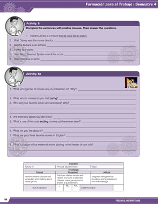 98
FEELINGS AND EMOTIONS
Evaluation
Activity: 6 Product: Questionnaire. Value:
Knowledge
Factual Procedural Attitude
Identifies relative clauses and
vocabulary when talking about
movie genres.
Practices relative clauses with
relative pronouns to describe
different movie genres and to
answer a questionnaire.
Integrates new grammar
structures and vocabulary to
his/her knowledge.
Auto-Evaluation
C MC NYC
Obtained Value:
Complete the sentences with relative clauses. Then answer the questions.
1. Indiana Jones is a movie that all boys like to watch.
2. Walt Disney was the movie director _______________________________________________________________.
3. Sandra Bullock is an actress _____________________________________________________________________.
4. Avatar is a movie ______________________________________________________________________________.
5. Sam Raimi directed Spider-man 4 the movie _______________________________________________________.
6. Gael Garcia is an actor _________________________________________________________________________.
Activity: 6
1. What kind (genre) of movies are you interested in? Why? _____________________________________________
__________________________________________________________________________________________________
2. What kind of movies do you find boring? ____________________________________________________________
3. Who are your favorite actors and actresses? Why? ___________________________________________________
__________________________________________________________________________________________________
__________________________________________________________________________________________________
4. Are there any actors you don’t like? ________________________________________________________________
5. What’s one of the most exciting movies you have ever seen? ___________________________________________
__________________________________________________________________________________________________
6. What did you like about it? ________________________________________________________________________
7. What are your three favorite movies in English? ______________________________________________________,
______________________________________________, ___________________________________________________
8. What is the box office weekend movie playing in the theater of your city? _________________________________
__________________________________________________________________________________________________
Activity: 6a
 