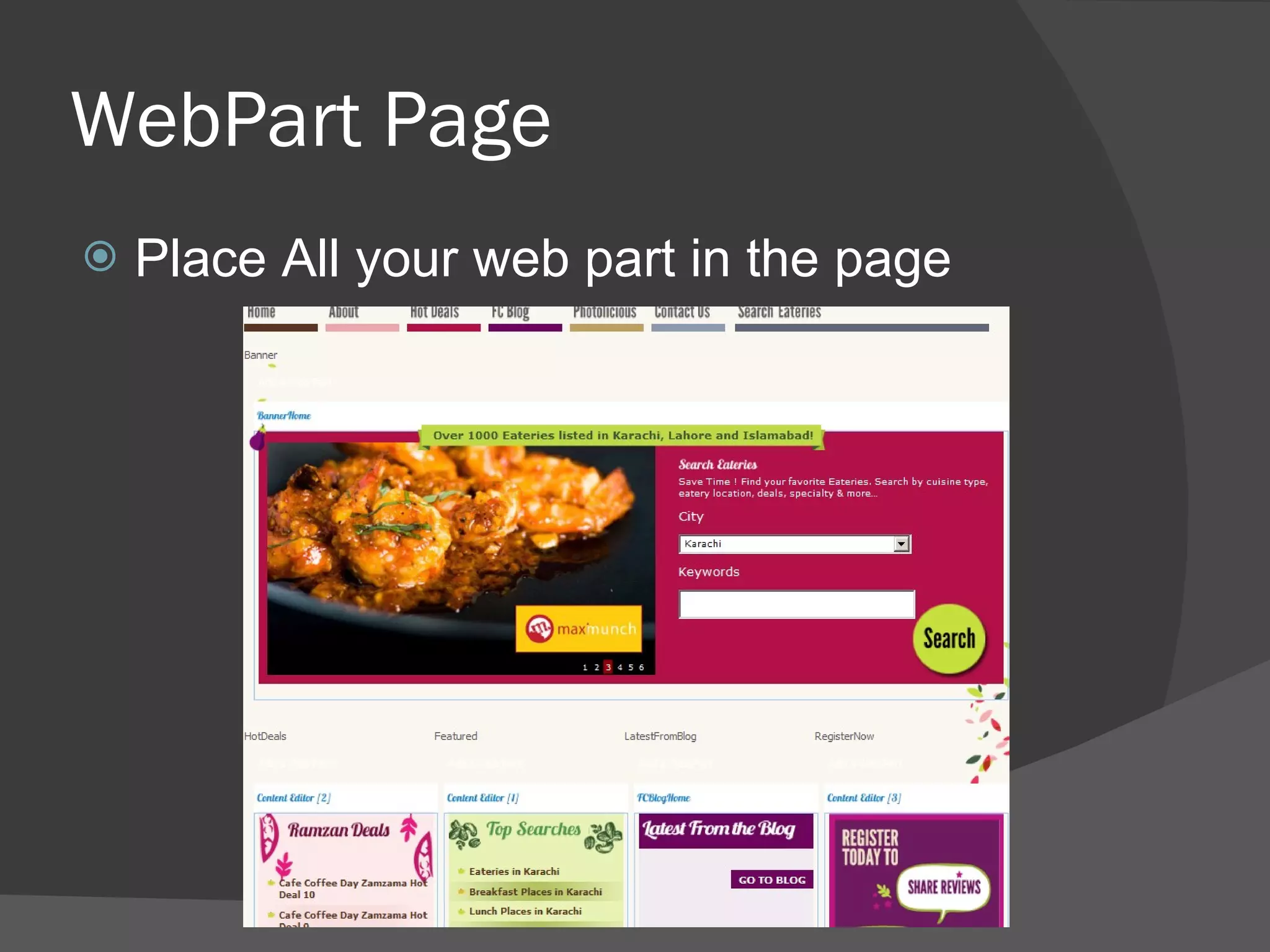 WebPart Page Place All your web part in the page  