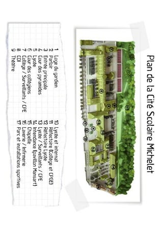 Plan de la Cité Scolaire Michelet
1   Loge du gardien                10   Lycée et internat
2   Parloir                        11   Réfectoire (Collège et CPGE)
3   Entrée principale              12   Réfectoire Lycée
4   Cour des pyramides             13   Lycée / Surveillants / CPE
5   Lycée                          14   Intendance (pavillon Mansart)
6   Cour des collégiens            15   Chapelle
7   Collège / Surveillants / CPE   16   Laverie / Infirmerie
8   CDI                            17   Parc et installations sportives
9   Théâtre
 