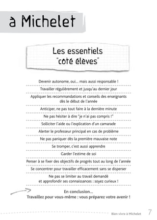 à Michelet
                  Les essentiels
                   “côté élèves”

         Devenir autonome, oui… mais aussi responsable !
          Travailler régulièrement et jusqu’au dernier jour
    Appliquer les recommandations et conseils des enseignants
                      dès le début de l’année
          Anticiper, ne pas tout faire à la dernière minute
            Ne pas hésiter à dire “je n’ai pas compris !”
           Solliciter l’aide ou l’explication d’un camarade
         Alerter le professeur principal en cas de problème
          Ne pas paniquer dès la première mauvaise note
                  Se tromper, c’est aussi apprendre
                       Garder l'estime de soi
  Penser à se fixer des objectifs de progrès tout au long de l’année
    Se concentrer pour travailler efficacement sans se disperser
               Ne pas se limiter au travail demandé
         et approfondir ses connaissances : soyez curieux !

                       En conclusion…
  Travaillez pour vous-même : vous préparez votre avenir !


                                                        Bien vivre à Michelet   7
 