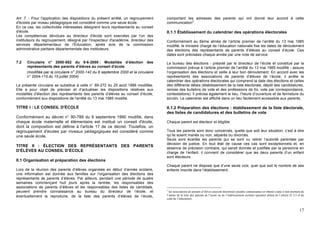 Art. 7. - Pour l'application des dispositions du présent arrêté, un regroupement     comportant les adresses des parents qui ont donné leur accord à cette
                                                                                                  2
d'écoles par niveau pédagogique est considéré comme une seule école.                 communication .
En ce cas, les collectivités intéressées désignent leurs représentants au conseil
d'école.                                                                             II.1.1 Établissement du calendrier des opérations électorales
Les compétences dévolues au directeur d'école sont exercées par l'un des
instituteurs du regroupement, désigné par l'inspecteur d'académie, directeur des     Conformément au 6ème alinéa de l’article premier de l’arrêté du 13 mai 1985
services départementaux de l'Education, après avis de la commission                  modifié, le ministre chargé de l’éducation nationale fixe les dates de déroulement
administrative paritaire départementale des instituteurs.                            des élections des représentants de parents d’élèves au conseil d’école. Ces
                                                                                     dates sont précisées chaque année par une note de service.

7.2   Circulaire n° 2000-082 du 9-6-2000 : Modalités d’élection des                  Le bureau des élections - présidé par le directeur de l’école et constitué par la
      représentants des parents d’élèves au conseil d’école                          commission prévue à l’article premier de l’arrêté du 13 mai 1985 modifié - assure
      (modifiée par la circulaire n° 2000-142 du 6 septembre 2000 et la circulaire   l’organisation des élections et veille à leur bon déroulement. En accord avec les
      n° 2004-115 du 15 juillet 2004)                                                représentants des associations de parents d’élèves de l’école, il arrête le
                                                                                     calendrier des opérations électorales qui comprend la date des élections et celles
La présente circulaire se substitue à celle n° 89-272 du 25 août 1989 modifiée.      des différents délais (établissement de la liste électorale, dépôt des candidatures,
Elle a pour objet de préciser et d’actualiser les dispositions relatives aux         remise des bulletins de vote et des professions de foi, vote par correspondance,
modalités d'élection des représentants des parents d’élèves au conseil d’école,      contestations). Il précise également le lieu, l’heure d’ouverture et de fermeture du
conformément aux dispositions de l'arrêté du 13 mai 1985 modifié.                    scrutin. Le calendrier est affiché dans un lieu facilement accessible aux parents.

TITRE I : LE CONSEIL D'ÉCOLE                                                         II.1.2 Préparation des élections : établissement de la liste électorale,
                                                                                     des listes de candidatures et des bulletins de vote
Conformément au décret n° 90-788 du 6 septembre 1990 modifié, dans
chaque école maternelle et élémentaire est institué un conseil d'école,              Chaque parent est électeur et éligible.
dont la composition est définie à l'article 17 de ce décret. Toutefois, un
regroupement d'écoles par niveaux pédagogiques est considéré comme                   Tous les parents sont donc concernés, quelle que soit leur situation, c’est à dire
une seule école.                                                                     qu’ils soient mariés ou non, séparés ou divorcés.
                                                                                     Seuls sont écartés les parents qui se sont vu retirer l’autorité parentale par
                                                                                     décision de justice. En tout état de cause ces cas sont exceptionnels et, en
TITRE II : ÉLECTION DES REPRÉSENTANTS DES PARENTS
                                                                                     absence de précision contraire, qui serait donnée et justifiée par la personne en
D'ÉLÈVES AU CONSEIL D’ÉCOLE                                                          charge de l’enfant, il convient de considérer que les deux parents d’un enfant
                                                                                     sont électeurs.
II.1 Organisation et préparation des élections
                                                                                     Chaque parent ne dispose que d’une seule voix, quel que soit le nombre de ses
Lors de la réunion des parents d’élèves organisée en début d’année scolaire,         enfants inscrits dans l’établissement.
une information est donnée aux familles sur l’organisation des élections des
représentants de parents d’élèves. Par ailleurs, pendant une période de quatre
semaines commençant huit jours après la rentrée, les responsables des
associations de parents d’élèves et les responsables des listes de candidats,
peuvent prendre connaissance au bureau du directeur de l’école, et                   2
                                                                                       les associations de parents d’élèves peuvent désormais prendre connaissance et obtenir copie à tout moment de
éventuellement la reproduire, de la liste des parents d’élèves de l’école,           l’année de la liste des parents de l’école ou de l’établissement scolaire (premier alinéa de l’article D 111-8 du
                                                                                     code de l’éducation).


                                                                                                                                                                                                  17
 