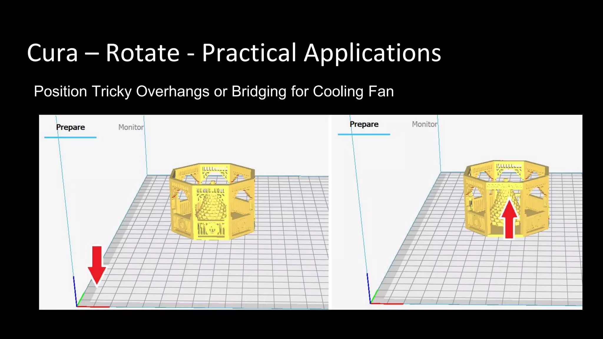 Cura – Rotate - Practical Applications
Position Tricky Overhangs or Bridging for Cooling Fan
 