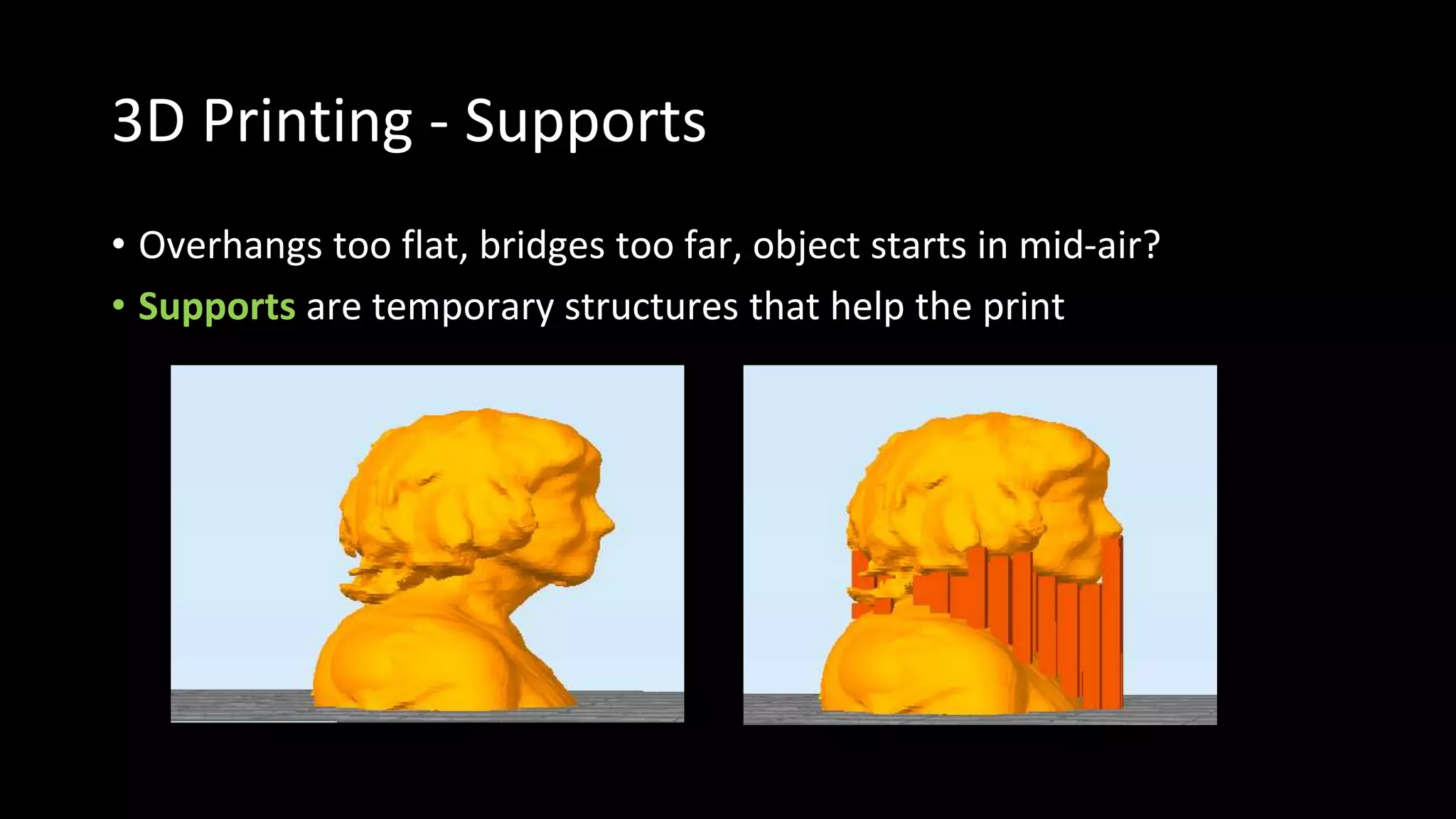 3D Printing - Supports
• Overhangs too flat, bridges too far, object starts in mid-air?
• Supports are temporary structures that help the print
 