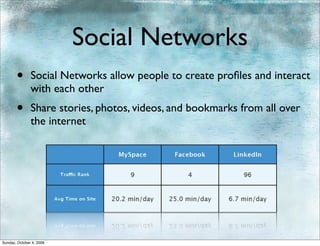 Social Networks
       •       Social Networks allow people to create proﬁles and interact
               with each other
       •       Share stories, photos, videos, and bookmarks from all over
               the internet




Sunday, October 4, 2009
 