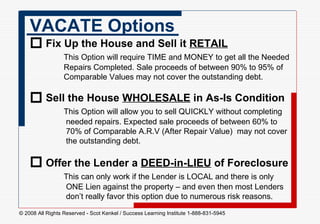 VACATE Options  Fix Up the House and Sell it  RETAIL     This Option will require TIME and MONEY to get all the Needed   Repairs Completed. Sale proceeds of between 90% to 95% of   Comparable Values may not cover the outstanding debt.  Sell the House  WHOLESALE  in As-Is Condition    This Option will allow you to sell QUICKLY without completing   needed repairs. Expected sale proceeds of between 60% to    70% of Comparable A.R.V (After Repair Value)  may not cover    the outstanding debt.  Offer the Lender a  DEED-in-LIEU  of Foreclosure   This can only work if the Lender is LOCAL and there is only    ONE Lien against the property – and even then most Lenders    don’t really favor this option due to numerous risk reasons.     