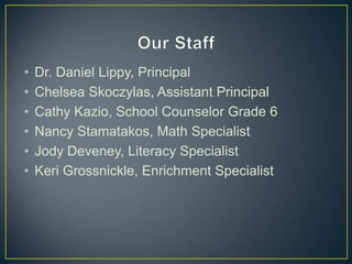 •   Dr. Daniel Lippy, Principal
•   Chelsea Skoczylas, Assistant Principal
•   Cathy Kazio, School Counselor Grade 6
•   Nancy Stamatakos, Math Specialist
•   Jody Deveney, Literacy Specialist
•   Keri Grossnickle, Enrichment Specialist
 