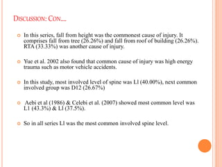 DISCUSSION: CON….
 In this series, fall from height was the commonest cause of injury. It
comprises fall from tree (26.26%) and fall from roof of building (26.26%).
RTA (33.33%) was another cause of injury.
 Yue et al. 2002 also found that common cause of injury was high energy
trauma such as motor vehicle accidents.
 In this study, most involved level of spine was Ll (40.00%), next common
involved group was D12 (26.67%)
 Aebi et al (1986) & Celebi et al. (2007) showed most common level was
L1 (43.3%) & Ll (37.5%).
 So in all series Ll was the most common involved spine level.
 