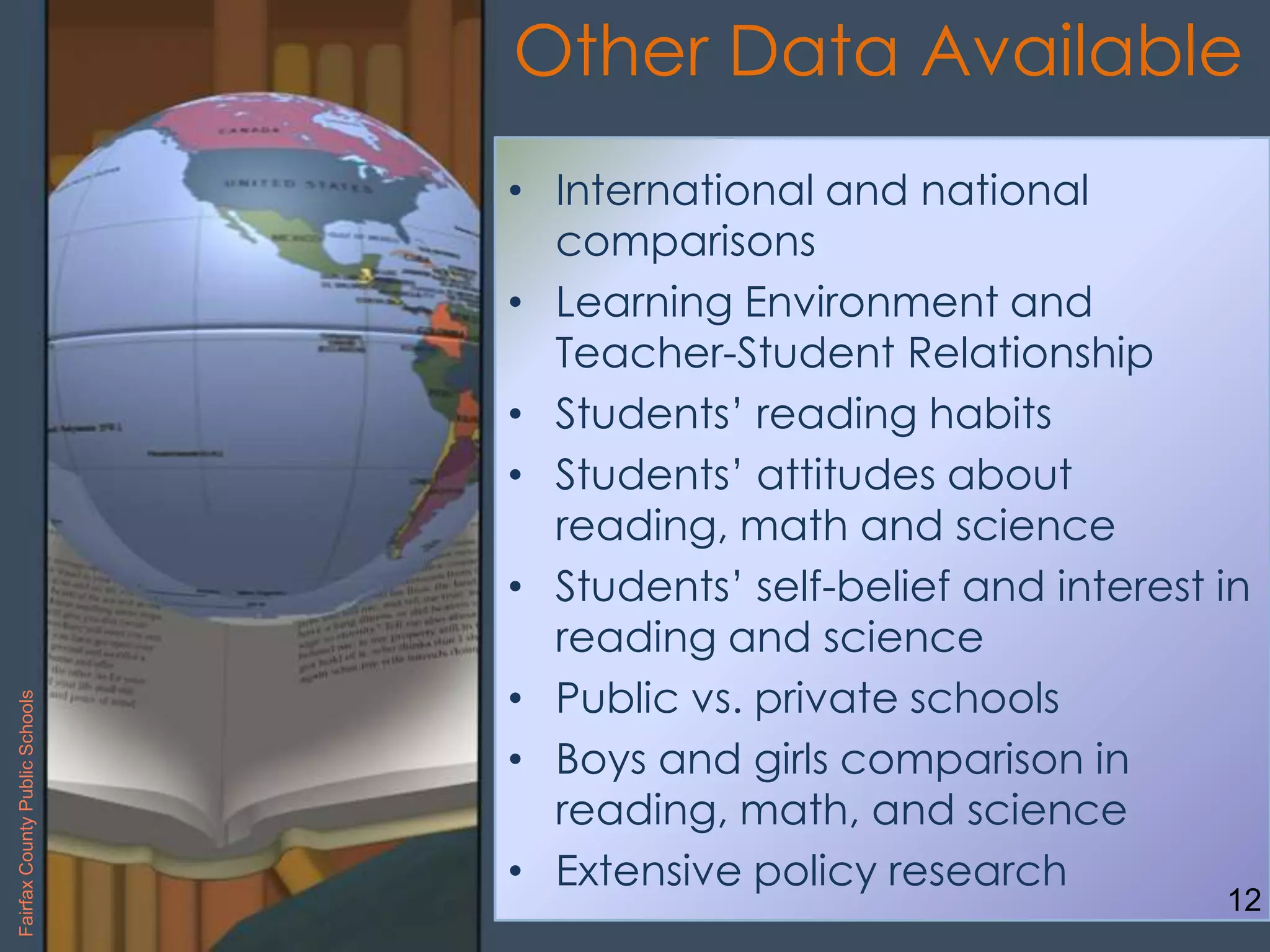 Other Data Available
• International and national
comparisons
• Learning Environment and
Teacher-Student Relationship
• Students’ reading habits
• Students’ attitudes about
reading, math and science
• Students’ self-belief and interest in
reading and science
• Public vs. private schools
• Boys and girls comparison in
reading, math, and science
• Extensive policy research
12
FairfaxCountyPublicSchools
 