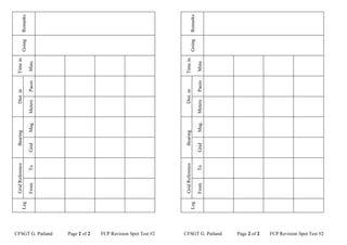 Grid Reference     Bearing          Dist. in      Time in
                            Leg                                                               Going   Remarks
                                  From      To     Grid    Mag.   Meters    Paces   Mins.




CFSGT G. Putland
Page 2 of 2
FCP Revision Spot Test #2
                                  Grid Reference     Bearing          Dist. in      Time in
                            Leg                                                               Going   Remarks
                                  From      To     Grid    Mag.   Meters    Paces   Mins.




CFSGT G. Putland
Page 2 of 2
FCP Revision Spot Test #2
 