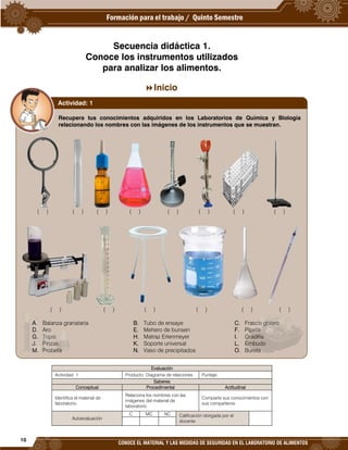 10
CONOCE EL MATERIAL Y LAS MEDIDAS DE SEGURIDAD EN EL LABORATORIO DE ALIMENTOS
Secuencia didáctica 1.
Conoce los instrumentos utilizados
para analizar los alimentos.
Inicio
Evaluación
Actividad: 1 Producto: Diagrama de relaciones. Puntaje:
Saberes
Conceptual Procedimental Actitudinal
Identifica el material de
laboratorio.
Relaciona los nombres con las
imágenes del material de
laboratorio.
Comparte sus conocimientos con
sus compañeros.
Autoevaluación
C MC NC Calificación otorgada por el
docente
Recupera tus conocimientos adquiridos en los Laboratorios de Química y Biología
relacionando los nombres con las imágenes de los instrumentos que se muestran.
( ) ( ) ( ) ( ) ( ) ( ) ( ) ( )
( ) ( ) ( ) ( ) ( ) ( )
A. Balanza granataria B. Tubo de ensaye C. Frasco gotero
D. Aro E. Mehero de bunsen F. Pipeta
G. Tripié H. Matraz Erlenmeyer I. Gradilla
J. Pinzas K. Soporte universal L. Embudo
M. Probeta N. Vaso de precipitados O. Bureta
Actividad: 1
 