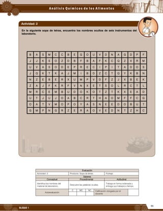 11
BLOQUE 1
Evaluación
Actividad: 2 Producto: Sopa de letras. Puntaje:
Saberes
Conceptual Procedimental Actitudinal
Identifica los nombres del
material de laboratorio.
Descubre las palabras ocultas.
Trabaja en forma ordenada y
entrega sus trabajos a tiempo.
Autoevaluación
C MC NC Calificación otorgada por el
docente
En la siguiente sopa de letras, encuentra los nombres ocultos de seis instrumentos del
laboratorio.
B A S M C C B E G O U V D N A G D P F
J J K S O Z D B F B A F K C Q Z X R M
U V A S O D E P R E C I P I T A D O S
J Q K T K A J M I B D Z C T Q Y K B N
N Z E B E R X U M P V D F Z J X B E K
Z A J F K R F V N X E T S O L R C T L
M R C E M B U D O K O T Z T K X E A D
U T J U J O A B C R T H A O M F F C G
O A T V M O P O Y A S N E E D O B U T
G M P N G R Z E R A O V E D N T Z H C
Actividad: 2
 