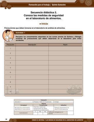 26
CONOCE EL MATERIAL Y LAS MEDIDAS DE SEGURIDAD EN EL LABORATORIO DE ALIMENTOS
Secuencia didáctica 2.
Conoce las medidas de seguridad
en el laboratorio de alimentos.
Inicio
Precauciones que deben tomarse en el laboratorio de análisis de alimentos.
Evaluación
Actividad: 1 Producto: Tabla de recuperación. Puntaje:
Saberes
Conceptual Procedimental Actitudinal
Recupera los conocimientos
adquiridos en cursos previos.
Describe y explica las
precauciones que deben
observarse en el laboratorio.
Participa activamente en la
solución de los ejercicios.
Autoevaluación
C MC NC Calificación otorgada por el
docente
Recupera tus conocimientos adquiridos en los cursos previos de Química y Biología
anotando las precauciones que deben observarse en el laboratorio para evitar
accidentes.
Precaución Descripción Razón
1
2
3
4
5
6
7
8
9
10
Actividad: 1
 