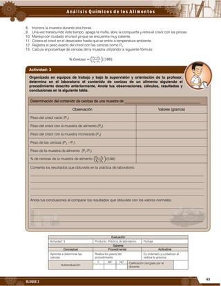 43
BLOQUE 2
8. Incinera la muestra durante dos horas.
9. Una vez transcurrido éste tiempo, apaga la mufla, abre la compuerta y retira el crisol con las pinzas.
10. Maneja con cuidado el crisol ya que se encuentra muy caliente.
11. Coloca el crisol en el desecador hasta que se enfríe a temperatura ambiente.
12. Registra el peso exacto del crisol con las cenizas como P3.
13. Calcula el porcentaje de cenizas de la muestra utilizando la siguiente fórmula:
3− 1
2− 1
( )

Evaluación
Actividad: 3 Producto: Práctica de laboratorio. Puntaje:
Saberes
Conceptual Procedimental Actitudinal
Aprende a determinar las
cenizas.
Realiza los pasos del
procedimiento.
Es ordenado y cuidadoso al
realizar la práctica.
Autoevaluación
C MC NC Calificación otorgada por el
docente
Organizado en equipos de trabajo y bajo la supervisión y orientación de tu profesor,
determina en el laboratorio el contenido de cenizas de un alimento siguiendo el
procedimiento descrito anteriormente. Anota tus observaciones, cálculos, resultados y
conclusiones en la siguiente tabla.
Determinación del contenido de cenizas de una muestra de __________________________________________
Observación Valores (gramos)
Peso del crisol vacío (P1)
Peso del crisol con la muestra de alimento (P2)
Peso del crisol con la muestra incinerada (P3)
Peso de las cenizas (P3 – P1)
Peso de la muestra de alimento (P2-P1)
% de cenizas de la muestra de alimento
𝑃3− 𝑃1
𝑃2−𝑃1
( )
Comenta los resultados que obtuviste en la práctica de laboratorio.
________________________________________________________________________________________________
________________________________________________________________________________________________
________________________________________________________________________________________________
________________________________________________________________________________________________
Anota tus conclusiones al comparar los resultados que obtuviste con los valores normales:
________________________________________________________________________________________________
________________________________________________________________________________________________
________________________________________________________________________________________________
Actividad: 3
 