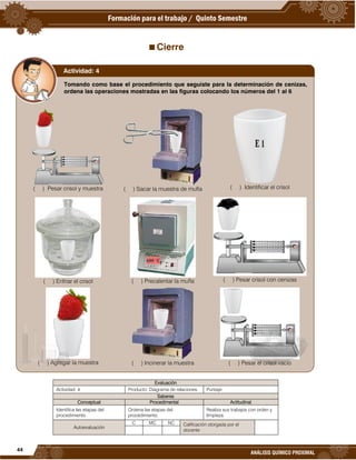 44
ANÁLISIS QUÍMICO PROXIMAL
Cierre
Evaluación
Actividad: 4 Producto: Diagrama de relaciones. Puntaje:
Saberes
Conceptual Procedimental Actitudinal
Identifica las etapas del
procedimiento.
Ordena las etapas del
procedimiento.
Realiza sus trabajos con orden y
limpieza.
Autoevaluación
C MC NC Calificación otorgada por el
docente
Tomando como base el procedimiento que seguiste para la determinación de cenizas,
ordena las operaciones mostradas en las figuras colocando los números del 1 al 6
( ) Pesar crisol y muestra ( ) Sacar la muestra de mufla ( ) Identificar el crisol
( ) Enfriar el crisol ( ) Precalentar la mufla ( ) Pesar crisol con cenizas
( ) Agregar la muestra ( ) Incinerar la muestra ( ) Pesar el crisol vacío
Actividad: 4
 