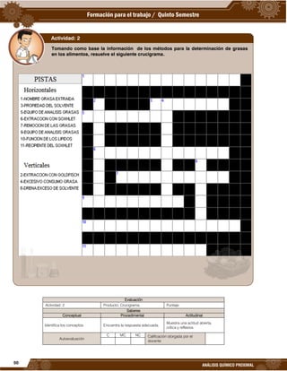 50
ANÁLISIS QUÍMICO PROXIMAL
Evaluación
Actividad: 2 Producto: Crucigrama. Puntaje:
Saberes
Conceptual Procedimental Actitudinal
Identifica los conceptos. Encuentra la respuesta adecuada.
Muestra una actitud abierta,
crítica y reflexiva.
Autoevaluación
C MC NC Calificación otorgada por el
docente
Tomando como base la información de los métodos para la determinación de grasas
en los alimentos, resuelve el siguiente crucigrama.
Actividad: 2
 