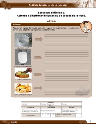 69
BLOQUE 3
Secuencia didáctica 2.
Aprende a determinar el contenido de sólidos de la leche.
Inicio
Evaluación
Actividad: 1 Producto: Cuestionario. Puntaje:
Saberes
Conceptual Procedimental Actitudinal
Recupera tus conocimientos
sobre la leche y sus derivados.
Responde las preguntas.
Respeta las opiniones de tus
compañeros de equipo.
Autoevaluación
C MC NC Calificación otorgada por el
docente
Reunido en equipo de trabajo, comenta y aporta tus experiencias y conocimientos
previos para responder los siguientes cuestionamientos.
¿Qué es la leche?
________________________________________________________
________________________________________________________
________________________________________________________
________________________________________________________
________________________________________________________
________________________________________________________
________________________________________________________
¿Cuál es su composición?
________________________________________________________
________________________________________________________
________________________________________________________
________________________________________________________
________________________________________________________
________________________________________________________
________________________________________________________
________________________________________________________
¿Qué es la mantequilla?
________________________________________________________
________________________________________________________
________________________________________________________
________________________________________________________
________________________________________________________
________________________________________________________
________________________________________________________
¿Qué contiene el queso?
________________________________________________________
________________________________________________________
________________________________________________________
________________________________________________________
________________________________________________________
________________________________________________________
Actividad: 1
 