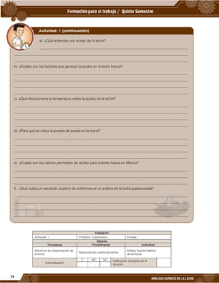 74
ANÁLISIS QUÍMICO DE LA LECHE
Evaluación
Actividad: 1 Producto: Cuestionario. Puntaje:
Saberes
Conceptual Procedimental Actitudinal
Reconoce la contaminación de
la leche.
Responde las cuestionamientos
Adopta buenos hábitos
alimenticios.
Autoevaluación
C MC NC Calificación otorgada por el
docente
a) ¿Qué entiendes por acidez de la leche?
___________________________________________________________________________________
_________________________________________________________________________________________________
_________________________________________________________________________________________________
b) ¿Cuáles son los factores que generan la acidez en la leche fresca?
_________________________________________________________________________________________________
_________________________________________________________________________________________________
_________________________________________________________________________________________________
_________________________________________________________________________________________________
c) ¿Qué efectos tiene la temperatura sobre la acidez de la leche?
_________________________________________________________________________________________________
_________________________________________________________________________________________________
_________________________________________________________________________________________________
_________________________________________________________________________________________________
d) ¿Para qué se utiliza la prueba de acidez en la leche?
_________________________________________________________________________________________________
_________________________________________________________________________________________________
_________________________________________________________________________________________________
_________________________________________________________________________________________________
e) ¿Cuáles son los valores permitidos de acidez para la leche fresca en México?
_________________________________________________________________________________________________
_________________________________________________________________________________________________
_________________________________________________________________________________________________
f) ¿Qué indica un resultado positivo de coliformes en el análisis de la leche pasteurizada?
_________________________________________________________________________________________________
_________________________________________________________________________________________________
_________________________________________________________________________________________________
_________________________________________________________________________________________________
Actividad: 1 (continuación)
 