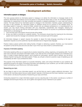 114
IDENTIFYING TYPES OF SPEECH
Development activities
Informative speech or dialogue.
The main purpose behind an informative speech or dialogue is to deliver the information or message clearly to the
audience. Remember that audience can be one person or many like the whole class or more. An informative speaker is
responsible for researching on the topic provided and presents a detailed presentation in a very clear and concise
manner. The basic theme of an informative speech or dialogue is the information; therefore, proper understanding of
the topic is very important. An informative speech or dialogue should be an outcome of the detailed study. An
informative speech is required in almost all fields, whether you are software professional or a nonprofessional or a
student, you may require sharing information with your classmates, subordinates and managers. Keeping this
perspective in mind, we can say that the informative speech is the key factor for success of a professional irrespective
of the field he or she belongs to.
1. Then the body part of the speech should include all the details.
2. At last, you need to conclude on a specific solution. The conclusion should draw the meaning for the informative
speech and include the message to be delivered within the conclusion part of the speech.
An informative dialogue or speech requires the speaker to adjust the body language according to the type of
explanation required, as some audiences may feel distracted due to irregular body language.
Practice makes a person perfect when talking fluently in English or delivering a speech; therefore, you must practice
the speech so that all the pros and cons are clear in your mind if you have chosen a controversial topic.
Purposes of informative speaking
Informative speaking offers you an opportunity to practice researching, writing, organizing, and speaking skills. You will
learn how to discover and present information clearly. If you take the time to thoroughly research and understand your
topic, to create a clearly organized speech, and to practice an enthusiastic, dynamic style of delivery, you can be an
effective "teacher" during your informative speech. Finally, you will get a chance to practice a type of speaking you will
undoubtedly use later in your professional career.
The purpose of the informative speech is to provide interesting, useful, and unique information to your audience. By
dedicating yourself to the goals of providing information and appealing to your audience, you can take a positive step
toward succeeding in your efforts as an informative speaker.
Researching your topic.
As you begin to work on your informative speech, you will find that you need to gather additional information. Your
instructor will most likely require that you locate relevant materials in the library and cite those materials in your speech.
In this section, we discuss the process of researching your topic and thesis.
Conducting research for a major informative speech can be a daunting task. In this section, we discuss a number of
strategies and techniques that you can use to gather and organize source materials for your speech.
 