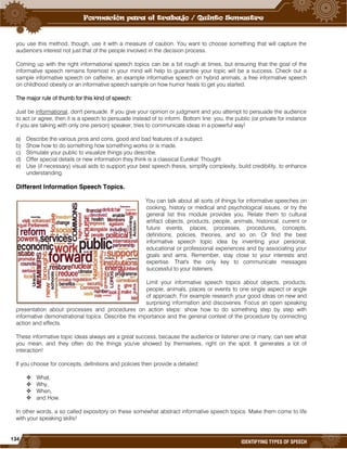 134
IDENTIFYING TYPES OF SPEECH
you use this method, though, use it with a measure of caution. You want to choose something that will capture the
audience's interest not just that of the people involved in the decision process.
Coming up with the right informational speech topics can be a bit rough at times, but ensuring that the goal of the
informative speech remains foremost in your mind will help to guarantee your topic will be a success. Check out a
sample informative speech on caffeine, an example informative speech on hybrid animals, a free informative speech
on childhood obesity or an informative speech sample on how humor heals to get you started.
The major rule of thumb for this kind of speech:
Just be informational, don't persuade. If you give your opinion or judgment and you attempt to persuade the audience
to act or agree, then it is a speech to persuade instead of to inform. Bottom line: you, the public (or private for instance
if you are talking with only one person) speaker, tries to communicate ideas in a powerful way!
a) Describe the various pros and cons, good and bad features of a subject.
b) Show how to do something how something works or is made.
c) Stimulate your public to visualize things you describe.
d) Offer special details or new information they think is a classical Eureka! Thought.
e) Use (if necessary) visual aids to support your best speech thesis, simplify complexity, build credibility, to enhance
understanding.
Different Information Speech Topics.
You can talk about all sorts of things for informative speeches on
cooking, history or medical and psychological issues, or try the
general list this module provides you. Relate them to cultural
artifact objects, products, people, animals, historical, current or
future events, places, processes, procedures, concepts,
definitions, policies, theories, and so on. Or find the best
informative speech topic idea by inventing your personal,
educational or professional experiences and by associating your
goals and aims. Remember, stay close to your interests and
expertise. That's the only key to communicate messages
successful to your listeners.
Limit your informative speech topics about objects, products,
people, animals, places or events to one single aspect or angle
of approach. For example research your good ideas on new and
surprising information and discoveries. Focus an open speaking
presentation about processes and procedures on action steps: show how to do something step by step with
informative demonstrational topics. Describe the importance and the general context of the procedure by connecting
action and effects.
These informative topic ideas always are a great success, because the audience or listener one or many, can see what
you mean, and they often do the things you've showed by themselves, right on the spot. It generates a lot of
interaction!
If you choose for concepts, definitions and policies then provide a detailed:
 What,
 Why,
 When,
 and How.
In other words, a so called expository on these somewhat abstract informative speech topics. Make them come to life
with your speaking skills!
 