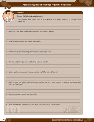36
CONSIDERING PRONUNCIATION AND LISTENING SKILLS
Answer the following questionnaire.
1. Has anybody ever gotten mad at you because you weren't listening to him/her? What
happened?
_________________________________________________________________________________________________
_________________________________________________________________________________________________
_________________________________________________________________________________________________
2. How does it feel when someone won’t listen to your ideas or opinions?
_________________________________________________________________________________________________
_________________________________________________________________________________________________
_________________________________________________________________________________________________
3. What are some reasons why people don't listen?
_________________________________________________________________________________________________
_________________________________________________________________________________________________
_________________________________________________________________________________________________
4. What's wrong with not listening when someone is talking to you?
_________________________________________________________________________________________________
_________________________________________________________________________________________________
_________________________________________________________________________________________________
5. How can not listening create hard feelings between friends?
_________________________________________________________________________________________________
_________________________________________________________________________________________________
_________________________________________________________________________________________________
6. Is there a difference between hearing and listening? What is the difference?
_________________________________________________________________________________________________
_________________________________________________________________________________________________
_________________________________________________________________________________________________
7. Have you ever had a bad misunderstanding because you didn't listen carefully or because somebody didn't
listen carefully to you?
_________________________________________________________________________________________________
_________________________________________________________________________________________________
_________________________________________________________________________________________________
8. How can listening carefully help friendship?
_________________________________________________________________________________________________
_________________________________________________________________________________________________
_________________________________________________________________________________________________
9. When somebody is not listening to you, what can you do to get them to listen?
_________________________________________________________________________________________________
_________________________________________________________________________________________________
_________________________________________________________________________________________________
Activity: 4
 