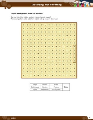 47
BLOCK 1
English is everywhere! Where can we find it?
Can you find all the hidden words in this word search puzzle?
Words can go from left to right, from right to left, up or down. Good luck!
Songs Internet Films
BooksDictionaries Comics Posters
Signs Magazines TV programs
 