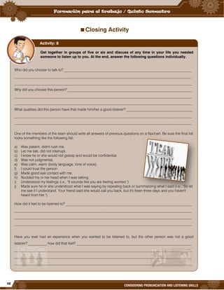 48
CONSIDERING PRONUNCIATION AND LISTENING SKILLS
Closing Activity
Get together in groups of five or six and discuss of any time in your life you needed
someone to listen up to you. At the end, answer the following questions individually.
Who did you choose to talk to? ______________________________________________________________________
_________________________________________________________________________________________________
_________________________________________________________________________________________________
Why did you choose this person? ____________________________________________________________________
_________________________________________________________________________________________________
_________________________________________________________________________________________________
What qualities did this person have that made him/her a good listener? ____________________________________
_________________________________________________________________________________________________
_________________________________________________________________________________________________
One of the members of the team should write all answers of previous questions on a flipchart. Be sure the final list
looks something like the following list:
a) Was patient, didn't rush me.
b) Let me talk, did not interrupt.
c) I know he or she would not gossip and would be confidential.
d) Was not judgmental.
e) Was calm, warm (body language, tone of voice).
f) I could trust the person.
g) Made good eye contact with me.
h) Nodded his or her head when I was talking.
i) Understood my feelings (i.e., "It sounds like you are feeling worried.").
j) Made sure he or she understood what I was saying by repeating back or summarizing what I said (i.e., "So let
me see if I understand. Your friend said she would call you back, but it's been three days and you haven't
heard from her.").
How did it feel to be listened to? _____________________________________________________________________
_________________________________________________________________________________________________
_________________________________________________________________________________________________
_________________________________________________________________________________________________
Have you ever had an experience when you wanted to be listened to, but the other person was not a good
listener? __________ how did that feel? _______________________________________________________________
_________________________________________________________________________________________________
_________________________________________________________________________________________________
_________________________________________________________________________________________________
Activity: 8
 