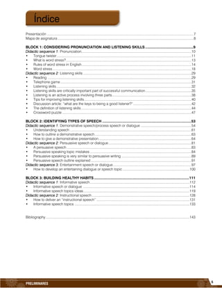 5
PRELIMINARES
Presentación .........................................................................................................................................................7
Mapa de asignatura..............................................................................................................................................8
BLOCK 1: CONSIDERING PRONUNCIATION AND LISTENING SKILLS..............................................9
Didactic sequence 1: Pronunciation...................................................................................................................10
• Tongue twister.............................................................................................................................................11
• What is word stress?...................................................................................................................................13
• Rules of word stress in English...................................................................................................................14
• Word stress .................................................................................................................................................18
Didactic sequence 2: Listening skills .................................................................................................................29
• Reading ......................................................................................................................................................29
• Telephone game.........................................................................................................................................31
• Listening skills.............................................................................................................................................32
• Listening skills are critically important part of successful communication................................................35
• Listening is an active process involving three parts...................................................................................38
• Tips for improving listening skills................................................................................................................40
• Discussion article: “what are the keys to being a good listener?”.............................................................42
• The definition of listening skills ...................................................................................................................44
• Crossword puzzle .......................................................................................................................................47
BLOCK 2: IDENTIFYING TYPES OF SPEECH .....................................................................................53
Didactic sequence 1: Demonstrative speech/process speech or dialogue .....................................................54
• Understanding speech ...............................................................................................................................61
• How to outline a demonstrative speech.....................................................................................................63
• How to give a demonstrative presentation.................................................................................................64
Didactic sequence 2: Persuasive speech or dialogue.......................................................................................81
• A persuasive speech ..................................................................................................................................83
• Persuasive speaking topic mistakes ..........................................................................................................84
• Persuasive speaking is very similar to persuasive writing .........................................................................89
• Persuasive speech outline explained .........................................................................................................91
Didactic sequence 3: Entertainment speech or dialogue..................................................................................97
• How to develop an entertaining dialogue or speech topic ......................................................................100
BLOCK 3: BUILDING HEALTHY HABITS...........................................................................................111
Didactic sequence 1: Informative speech........................................................................................................112
• Informative speech or dialogue ...............................................................................................................114
• Informative speech topics ideas...............................................................................................................119
Didactic sequence 2: Instructional speech ......................................................................................................128
• How to deliver an “instructional speech” .................................................................................................131
• Informative speech topics ........................................................................................................................133
Bibliography ......................................................................................................................................................143
Índice
 