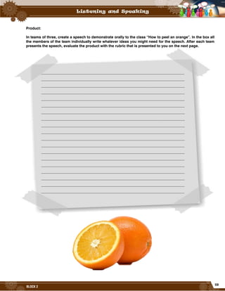 59
BLOCK 2
______________________________________________________________________________
______________________________________________________________________________
______________________________________________________________________________
______________________________________________________________________________
______________________________________________________________________________
______________________________________________________________________________
______________________________________________________________________________
______________________________________________________________________________
______________________________________________________________________________
______________________________________________________________________________
______________________________________________________________________________
______________________________________________________________________________
______________________________________________________________________________
______________________________________________________________________________
______________________________________________________________________________
______________________________________________________________________________
______________________________________________________________________________
______________________________________________________________________________
______________________________________________________________________________
Product:
In teams of three, create a speech to demonstrate orally to the class “How to peel an orange”. In the box all
the members of the team individually write whatever ideas you might need for the speech. After each team
presents the speech, evaluate the product with the rubric that is presented to you on the next page.
 