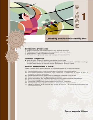 Tiempo asignado: 15 horas
Considering pronunciation and listening skills.
Competencias profesionales:
1. Realiza comprensiones oral y auditiva de diversos tipos de texto en otro idioma.
2. Realiza comprensión escrita y de lectura de diversos tipos de texto en otro idioma.
3. Realiza expresión o producción oral en otro idioma.
4. Realiza interacción o producción escrita de diversos tipos de texto en otro idioma.
Unidad de competencia:
 Infiere la correcta utilización de elementos importantes en el idioma Inglés.
 Investiga y hace uso de elementos sencillos del lenguaje como son pronunciación, la habilidad de escuchar y el
propósito de esta destreza; en situaciones sencillas de socialización, recreación y laboral.
Atributos a desarrollar en el bloque:
Durante el presente bloque se busca desarrollar los siguientes atributos de las competencias genéricas:
4.1 Expresa ideas y conceptos mediante representaciones lingüísticas, matemáticas o gráficas.
4.2 Aplica distintas estrategias comunicativas según quienes sean sus interlocutores, el contexto en el que se
encuentra y los objetivos que persigue.
4.3 Identifica las ideas claves en un texto o discurso oral e infiere conclusiones a partir de ellas.
4.4 Se comunica en una segunda lengua en situaciones cotidianas.
4.5 Maneja las tecnologías de la información y la comunicación para obtener información y expresar ideas.
6.4 Estructura ideas y argumentos de manera clara, coherente y sintética.
7.1 Define metas y da seguimiento a sus procesos de construcción de conocimiento.
8.2 Aporta puntos de vista con apertura y considera los de otras personas de manera reflexiva.
10.3 Asume que el respeto de las diferencias es el principio de integración y de convivencia de los contextos loca,
nacional e internacional.
 