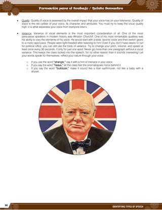 90
IDENTIFYING TYPES OF SPEECH
 Quality: Quality of voice is assessed by the overall impact that your voice has on your listener(s). Quality of
voice is the net caliber of your voice, its character and attributes. You must try to keep the vocal quality
high; it is what separates your voice from everyone else’s.
 Variance: Variance of vocal elements is the most important consideration of all. One of the most
persuasive speakers in modern history was Winston Churchill. One of his most remarkable qualities was
his ability to vary the elements of his voice. He would start with a slow, laconic voice and then switch gears
to a more rapid pace. People were light-headed after listening to him! Even if you don’t have desire to run
for political office, you can still use the tools of variance. Try to change your pitch, volume, and speed at
least once every 30 seconds, if only for just one word. Never go more than one paragraph without a vocal
variance. This keeps the class locked into the speech, for no other reason than it sounds interesting! Let
your words speak for themselves; reflect your nature through your voice.
o If you use the word “strangle,” say it with a hint of menace in your voice.
o If you say the word “heave,” let the class feel the onomatopoeic force behind it.
o If you say the word “bulldozer,” make it sound like a titan earthmover, not like a baby with a
shovel.
 