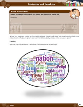 95
BLOCK 2
Tip: Ask your classmates to listen and comment on your text to speech one or two days before the final delivery. Note
and evaluate their feedback, opinions and recommendations about your ideas on this persuasive speech.
Evaluation:
Using the rubric below, evaluate a persuasive speech your teacher will assign you.
List the sources you used to write your outline. You need to use at least two.
SOURCES:
1.
2.
3.
4.
5.
Activity: 4 (continuation)
 
